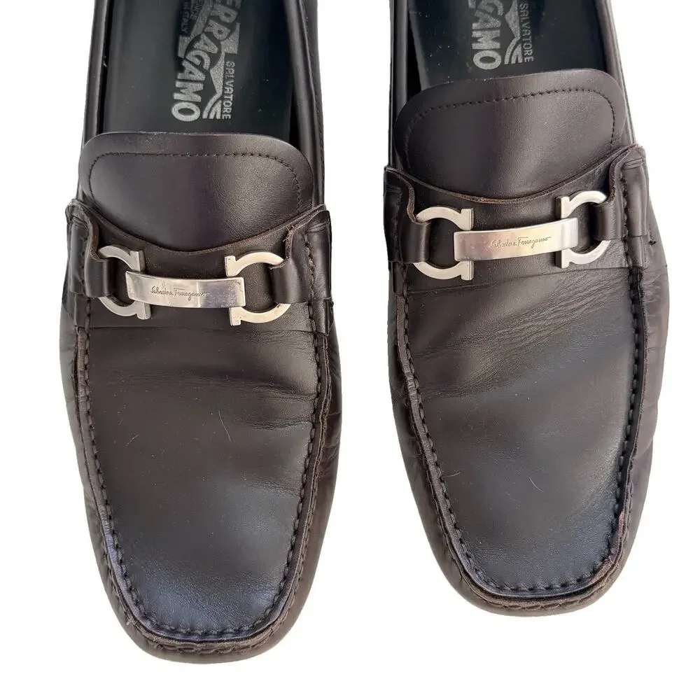 SALVATORE FERRAGAMO Driver Gancini Ornament Brown Loafers Shoes US 9.5 EU $750